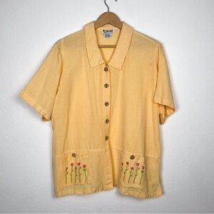 Vintage Cool Cotton Linen Blend Yellow embroidered Sz. L button down t-shirt